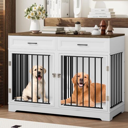 Dog Crate Furniture 47" Wooden Dog Kennels for Dogs Indoor with a Removable Divider for Large/Medium/Small Dogs, 2 Storage Drawers and Large Tabletop Dog Cages Double Doors Dog House, White in Saudi Arabia