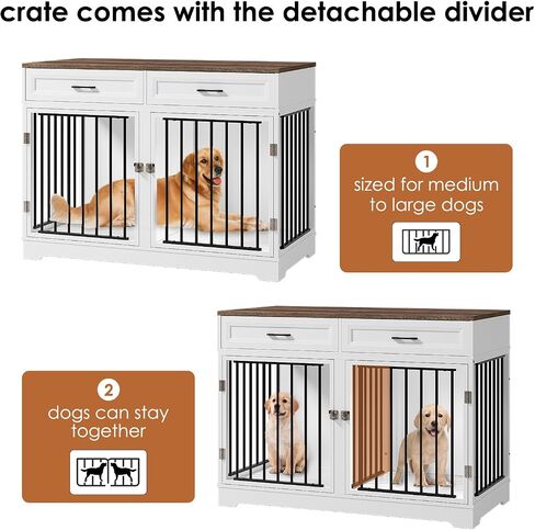 Dog Crate Furniture 47" Wooden Dog Kennels for Dogs Indoor with a Removable Divider for Large/Medium/Small Dogs, 2 Storage Drawers and Large Tabletop Dog Cages Double Doors Dog House, White in Saudi Arabia