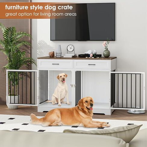 Dog Crate Furniture 47" Wooden Dog Kennels for Dogs Indoor with a Removable Divider for Large/Medium/Small Dogs, 2 Storage Drawers and Large Tabletop Dog Cages Double Doors Dog House, White in Saudi Arabia