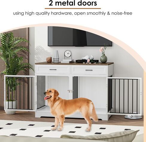 Dog Crate Furniture 47" Wooden Dog Kennels for Dogs Indoor with a Removable Divider for Large/Medium/Small Dogs, 2 Storage Drawers and Large Tabletop Dog Cages Double Doors Dog House, White in Saudi Arabia