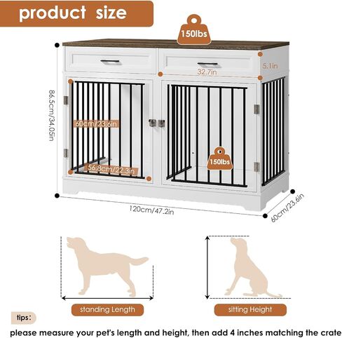 Dog Crate Furniture 47" Wooden Dog Kennels for Dogs Indoor with a Removable Divider for Large/Medium/Small Dogs, 2 Storage Drawers and Large Tabletop Dog Cages Double Doors Dog House, White in Saudi Arabia