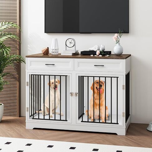 Dog Crate Furniture 47" Wooden Dog Kennels for Dogs Indoor with a Removable Divider for Large/Medium/Small Dogs, 2 Storage Drawers and Large Tabletop Dog Cages Double Doors Dog House, White in Saudi Arabia