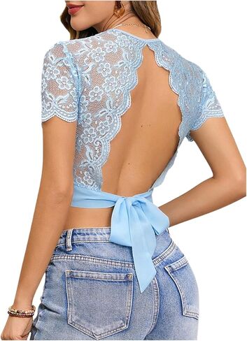 Milumia Women's Scallop Trim Backless Lace Crop Top Short Sleeve Solid Tie Back Crop Tee in Saudi Arabia