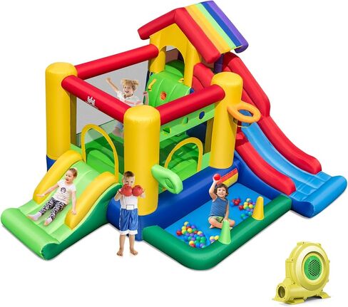 Bountech Boundable Bounce House مع حفرة الكرة ، شرائح مزدوجة منزل نطاط للأطفال الذين تتراوح أعمارهم بين 3+ حفلة في الفناء الخلفي مع منفاخ ، منزل يرتدون منزل مع بويز فتيات الفتيات في الهواء الطلق هدية حفلة عيد ميلاد في الهواء الطلق in Kuwait