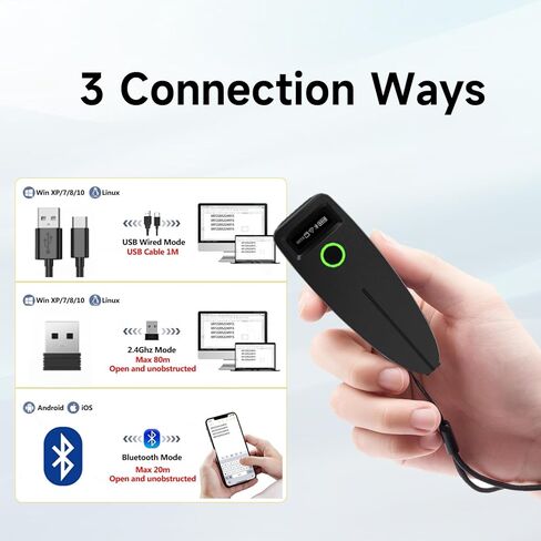 Premium Mini 1D 2D Bluetooth Barcode Scanners, 3 in 1 Connection: Bluetooth/2.4G/USB, with OLED Digital Display& AI Voice,Portable Barcode Scanner Wireless for iPad,iPhone,Tablet, Laptop,Computers,POS in Saudi Arabia