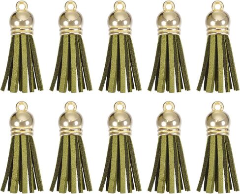HARFINGTON 20Pcs 1.5 Inch Leather Tassels Keychain Charm with Gold Cap for Pendant Bracelet Jewelry Making DIY Craft Decoration, Olive Green in Saudi Arabia