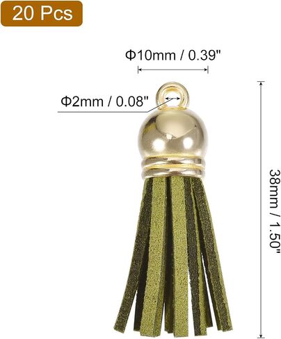 HARFINGTON 20Pcs 1.5 Inch Leather Tassels Keychain Charm with Gold Cap for Pendant Bracelet Jewelry Making DIY Craft Decoration, Olive Green in Saudi Arabia