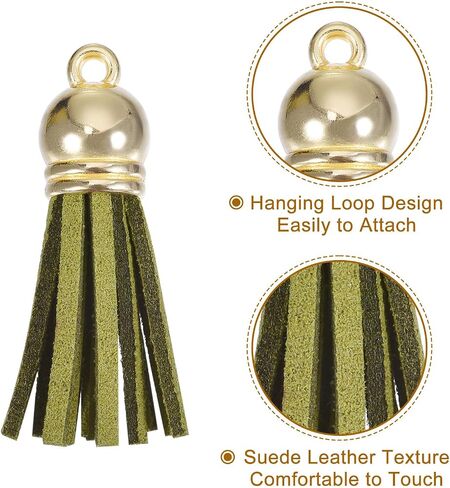 HARFINGTON 20Pcs 1.5 Inch Leather Tassels Keychain Charm with Gold Cap for Pendant Bracelet Jewelry Making DIY Craft Decoration, Olive Green in Saudi Arabia
