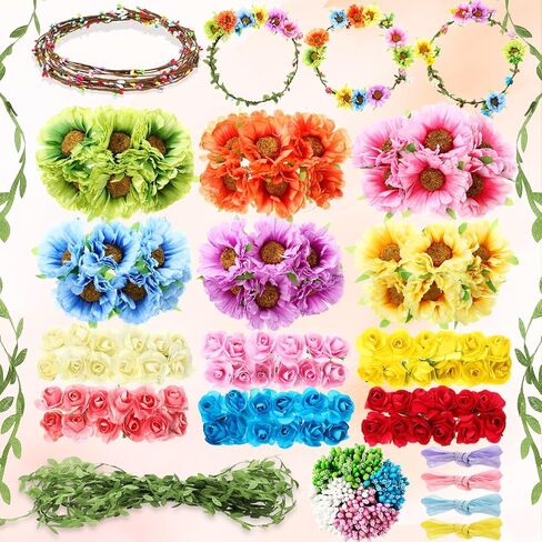 Suncalla 30 Sets Flower Crowns Making Kit, Make Your Own Flower Crown Wreath Garland Headbands and Bracelets Craft Kit Handmade DIY Floral Hair Accessories Gift for Girls/Teens/Women(Azalea) in Saudi Arabia