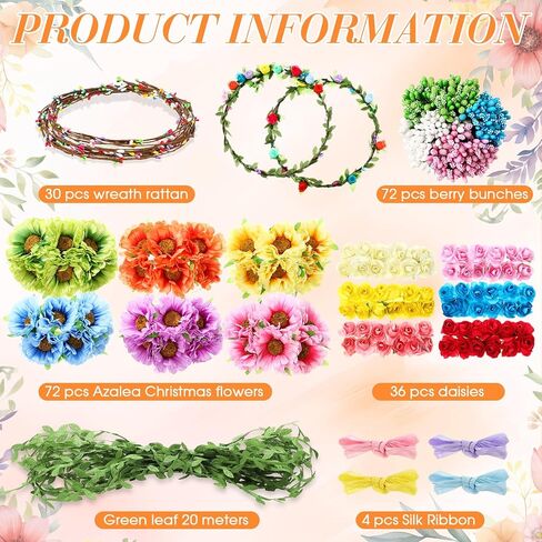 Suncalla 30 Sets Flower Crowns Making Kit, Make Your Own Flower Crown Wreath Garland Headbands and Bracelets Craft Kit Handmade DIY Floral Hair Accessories Gift for Girls/Teens/Women(Azalea) in Saudi Arabia