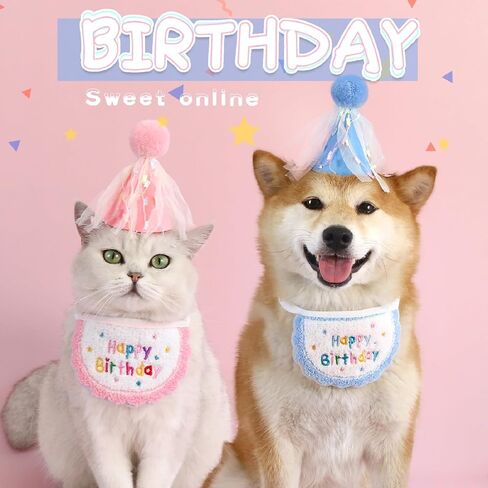 Kunyeah 2Pcs Pet Happy Birthday Hat Scarf Set Puppy Princess Costumes Cute Cat Bandana Outfit Dog Cone Hat wtih Pom-pom Colorful Lace Bib Collar Pet Birthday Decorations Party Supplies (Pink) in Saudi Arabia
