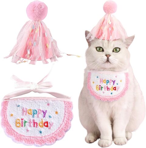 Kunyeah 2Pcs Pet Happy Birthday Hat Scarf Set Puppy Princess Costumes Cute Cat Bandana Outfit Dog Cone Hat wtih Pom-pom Colorful Lace Bib Collar Pet Birthday Decorations Party Supplies (Pink) in Saudi Arabia
