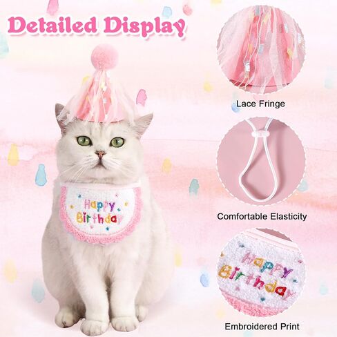 Kunyeah 2Pcs Pet Happy Birthday Hat Scarf Set Puppy Princess Costumes Cute Cat Bandana Outfit Dog Cone Hat wtih Pom-pom Colorful Lace Bib Collar Pet Birthday Decorations Party Supplies (Pink) in Saudi Arabia