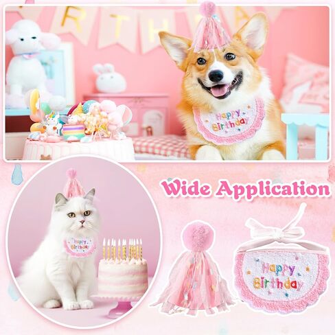 Kunyeah 2Pcs Pet Happy Birthday Hat Scarf Set Puppy Princess Costumes Cute Cat Bandana Outfit Dog Cone Hat wtih Pom-pom Colorful Lace Bib Collar Pet Birthday Decorations Party Supplies (Pink) in Saudi Arabia