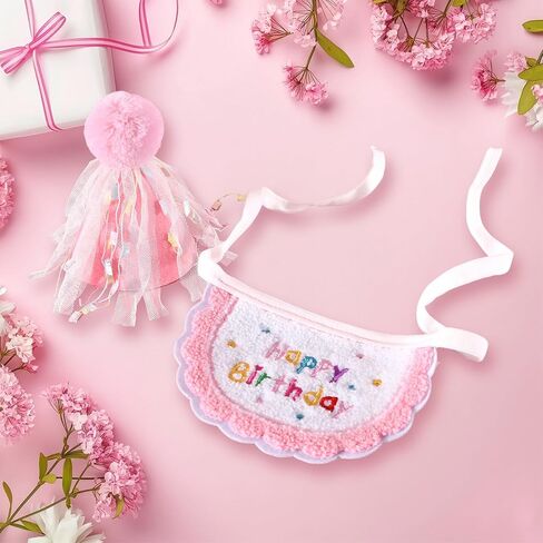 Kunyeah 2Pcs Pet Happy Birthday Hat Scarf Set Puppy Princess Costumes Cute Cat Bandana Outfit Dog Cone Hat wtih Pom-pom Colorful Lace Bib Collar Pet Birthday Decorations Party Supplies (Pink) in Saudi Arabia