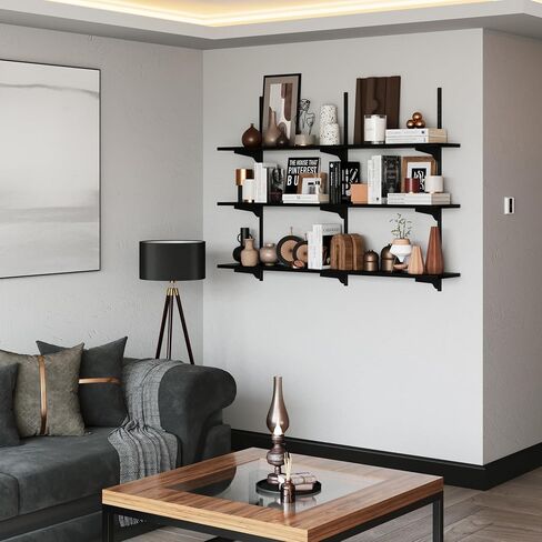 Wallniture Turin 48 بوصة × 10 بوصة أرفف عائمة ريفية لتخزين الحائط، مجموعة أرفف عائمة مع نظام دعامة سكك حديدية قياسية قابلة للتعديل، رف كتب على الحائط، أرفف تخزين، رف كتب للجدار، محترق in Kuwait