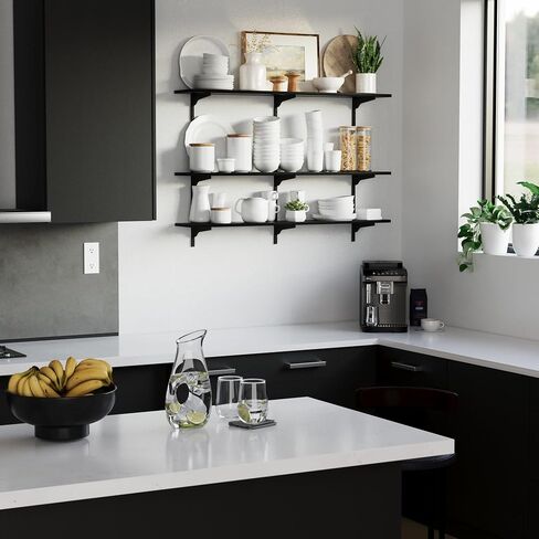 Wallniture Turin 48 بوصة × 10 بوصة أرفف عائمة ريفية لتخزين الحائط، مجموعة أرفف عائمة مع نظام دعامة سكك حديدية قياسية قابلة للتعديل، رف كتب على الحائط، أرفف تخزين، رف كتب للجدار، محترق in Kuwait