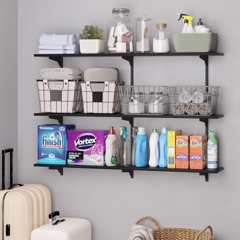 Wallniture Turin 48 بوصة × 10 بوصة أرفف عائمة ريفية لتخزين الحائط، مجموعة أرفف عائمة مع نظام دعامة سكك حديدية قياسية قابلة للتعديل، رف كتب على الحائط، أرفف تخزين، رف كتب للجدار، محترق in Kuwait