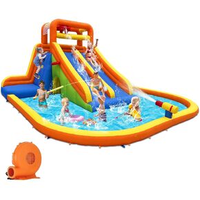 HuaKastro 15.6x15FT Giant Water Slide for Big Kids 5-12, Inflatable Water Park with Big Splash Pool, Dual Tall Slides & 2 Climb Walls for Racing Fun, W/Surprise Water Dump Bucket, Hide&Seek Cave