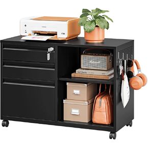 3 Drawer Metal File Cabinet with Lock,Mobile Lateral Filing Cabinet,Printer Stand Storage Cabinets with Shelves for Home Office(Black)