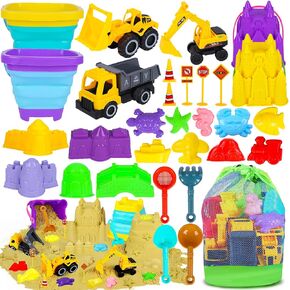 Beach Sand Toys for Kids - 31Pcs Sandbox Toy Set with 3 Trucks, 2 Collapsible Buckets, 2 Castle Buckets, Sand Molds, Shovels & Mesh Bag, Travel Summer Toy for Toddlers Boys Girls Age 3-10