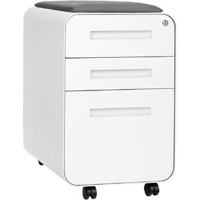 Laura Davidson Furniture STOCKPILE Curve Seated 3-Drawer Mobile File Cabinet with Removable Magnetic Cushion Seat - Metal Filing Cabinet, Pre-Assembled, Black with Dark Grey Cushion