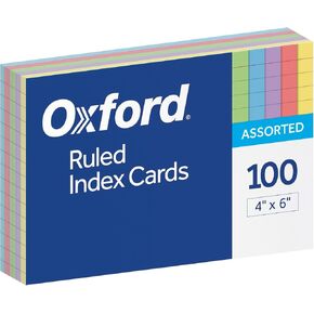 Oxford Ruled Color Index Cards, 4" x 6", Assorted Colors, 100 Per Pack (34610)