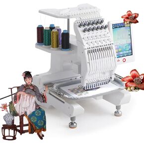 12 Needles Smart Embroidery Machine, 20 * 30cm Large Embroidery Area and 1000rpm/Min Speed, 15 Functions, with 500 Patterns via USB + 10'' LCD Display, for Commercial Home