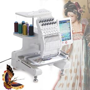 12 Needles Smart Embroidery Machine, Fully Automatic Embroidery Machine, 1000rpm/Min Speed, 15 Functions, with 500 Patterns via USB + 10'' LCD Display(Supports 16 Languages)