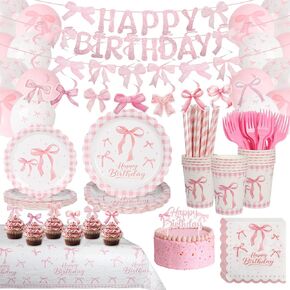 Coquette Birthday Decorations-192Pcs Pcs Pink Bow Party Supplies Serve 24,with Plates Cake Top Napkins Cups Banner Tablecloth Balloons Bow Theme Tableware for Girls Birthday Party Decor