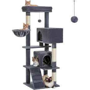 PEQULTI Cat Tree for Large Cats with Metal Frame Big Hammock, Cat Tower for Indoor Cats with 2 Door Condo House, [56.3"=143cm] Multi-Level Cat Shelves with Scratching Posts and Top Perch, Beige