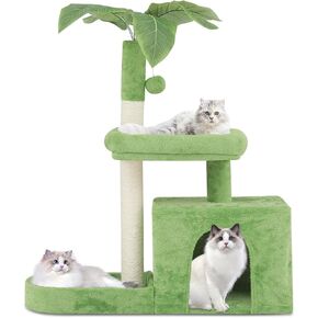 Athena Collection Small Cat Tree Condo with Sisal Scratching Post, 33 Inch Modern Cute Flower Cat Tree Tower with Cozy Perch Toy Ball for Indoor, Kittens, Purple