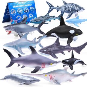 SIENON 11pcs Shark Figures with Booklet, Realistic Shark Toys, 7pcs 5.5" Lifelike Sea Creatures Bath Toys with 4pcs 3" Small Whale Shark Ocean Animal Figurines for Kids Educational Birthday Cake Décor