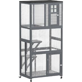 PawHut 74" Wooden Catio Outdoor Cat House Weatherproof & Wheeled, Outside Cat Enclosure with High Weight Capacity, Kitten Cage Condo, Dark Gray