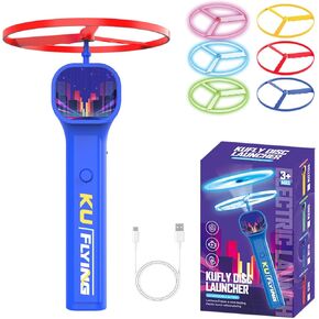 Electric Disc Launcher with 6 Flying Spinners, Glow-in-The-Dark Flying Launcher Fidget Toy for Kid & Adults,Rechargeable Interactive Fly Shooter for Outdoor Play (Blue)