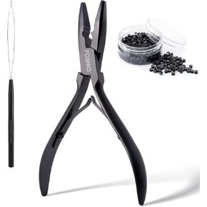 FOSHIO Stainless Steel Hair Extension Pliers 500pcs Black Hair Extension Beads 5mm, Needle Loop Threader Pulling Hook Tool for Micro Links Silicone Rings Bead Microlink Hair Extensions Tools Kit