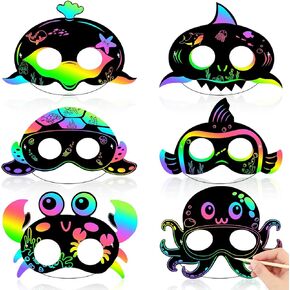 AUGSUN 30PCS Ocean Crafts, Colorful Ocean Animals Scratch Masks DIY Under The Sea Scratch Off Cards Magic Rainbow Scratch Art Summer Party Favors School Activities