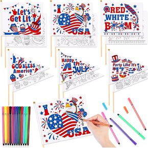 HOWAF 12pcs 4th of July Coloring Flags Kit, Independence Day Coloring Handheld Flags with 12 Paint Pens for 4th of July Crafts, Color Your Own American Patriotic Hand Flag for USA Patriotic Parade