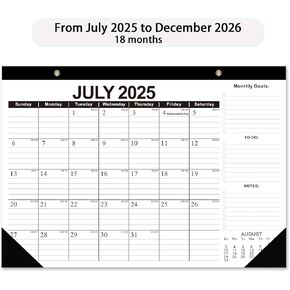 Desk Calendar 2025-2026, 18 Months Academic Calendar, Jul. 2025 - Dec. 2026, 17" × 12" Desktop Calendar with Julian Date, Corner Protectors, Thick Paper for Home Office
