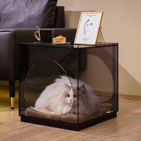 Night Stands Bedside Table for Bedroom, Clear NightStand with LED Light, Cat House for Cats and Open Storage Side Table for Living Room, Smoky Grey 16 * 16 * 18INCH