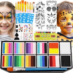 Face Painting Kit Professional for Kids Adults,12 x 10g Split Cake Face Paint Palette Water Activated Face Paint with Stencil Brush Sponge, Rainbow Facepaint Makeup Kit for Halloween Party Body Paint