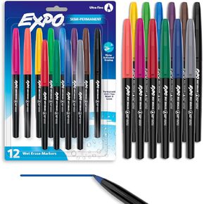 EXPO Wet Erase Markers, Semi-Permanent Markers, Assorted, Ultra Fine Tip, 12 Count