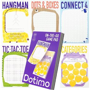 Dotimo Travel Games for Kids Ages 3+, 90-Page Activity Book with Hangman & 5 Classic Games, Screen-Free Road Trip Essentials, 6"x9" Tear-Out Sheets