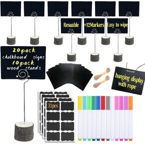 20 Pack Mini Chalkboard Signs Food Tags for Party Buffet with 10 Wooden Stands, Reusable Hanging Chalk Boards for Weddings Bakery Birthday Place Cards, Table Numbers