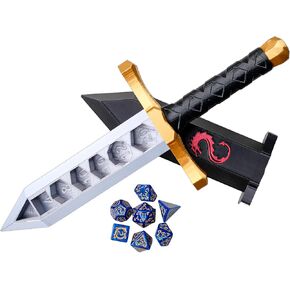 3D BEST-Q Dice Sword Holder (Dragon-Patterned 7PCS D20 Dice Set Included), Custom Polyhedral Dice Storage for Tabletop RPG - Dungeons and Dragons - DND - D&D (Gold)