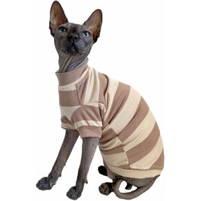 Sphynx Cat Clothes Shirts for Hairless Cat, Wide Stripe Cats Apparel, Kitten Summer Cotton T-Shirts with Sleeves for Cornish Rex, Devon Rex, Peterbald (Coffee, XX-Large)