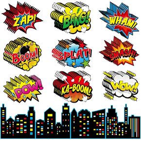 62Pcs Hero Paper Cutouts Hero Themed Party Decorations Super Theme Heroes Bulletin Board Classroom Wall Decor Fun Action Sign Super Party Supplies for Kids Boys Girls Birthday Baby Shower Favors