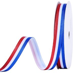 Red White and Blue Striped Grosgrain Ribbon for Gift Wrapping Hair Bow Patriotic Party Decoration Crafting Sewing, 3/8 Inch × 10 Yards
