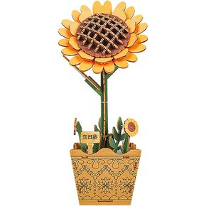 3D Wooden Flower Puzzle Kit for Adults | DIY Botanical Bouquet Building Set with Adjustable Vase | Home Decor & Stress Relief Gift-Sunflower (73PCS)