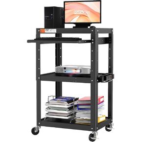 3 Shelf Metal Utility Cart - Durable Computer Cart on Wheels with Power Strip,Height Adjustable AV Presentation Cart Stand for Movie Projector,TV and Laptop Computers,Easy to Assemble, Black
